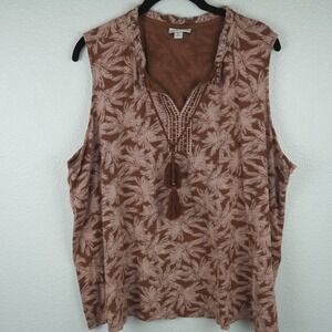 J.Jill Brown Palm Print Tassel Tie Sleeveless Top Womens 2X Boho Resort